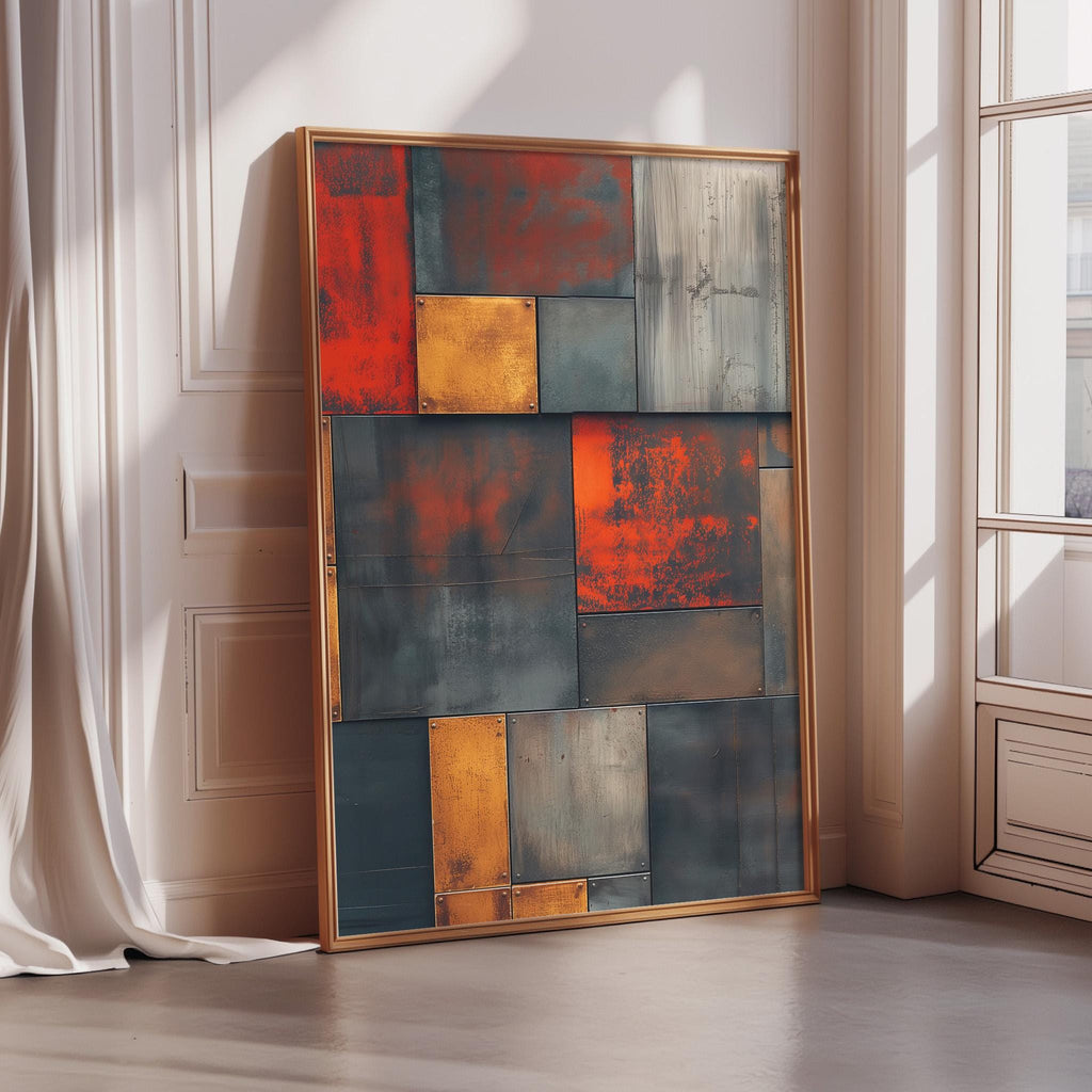 a large, colorful abstract painting displayed on a wall in a room with a window.