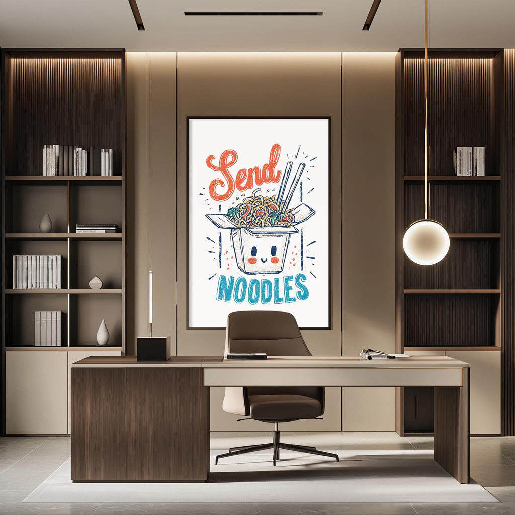a modern office space with a desk, chair, and a large framed poster on the wall that says "Send Noodles".