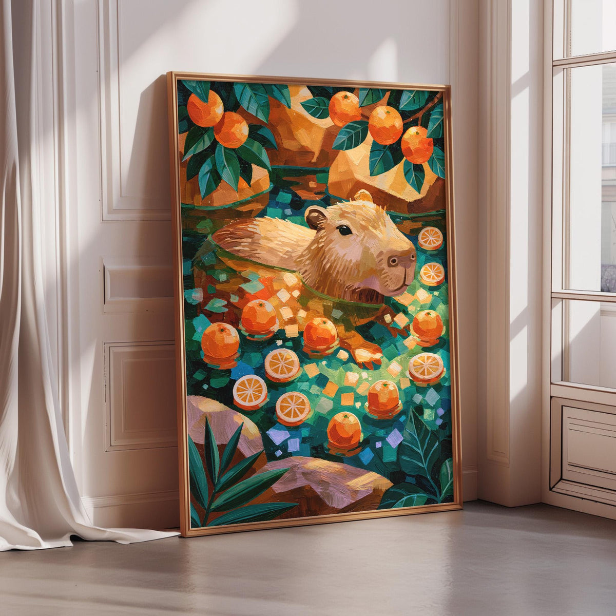 The image is a vibrant painting depicting a capybara surrounded by an abundance of oranges, with the capybara swimming amidst the fruit.