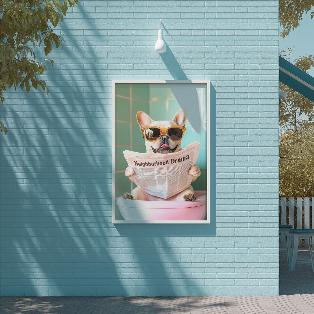 A dog wearing sunglasses and holding a newspaper with the words "Neighborhood Drama" is displayed on a blue wall.