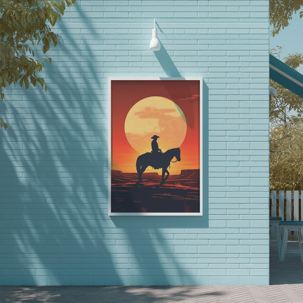 a cowboy riding a horse against a backdrop of a large orange sun.
