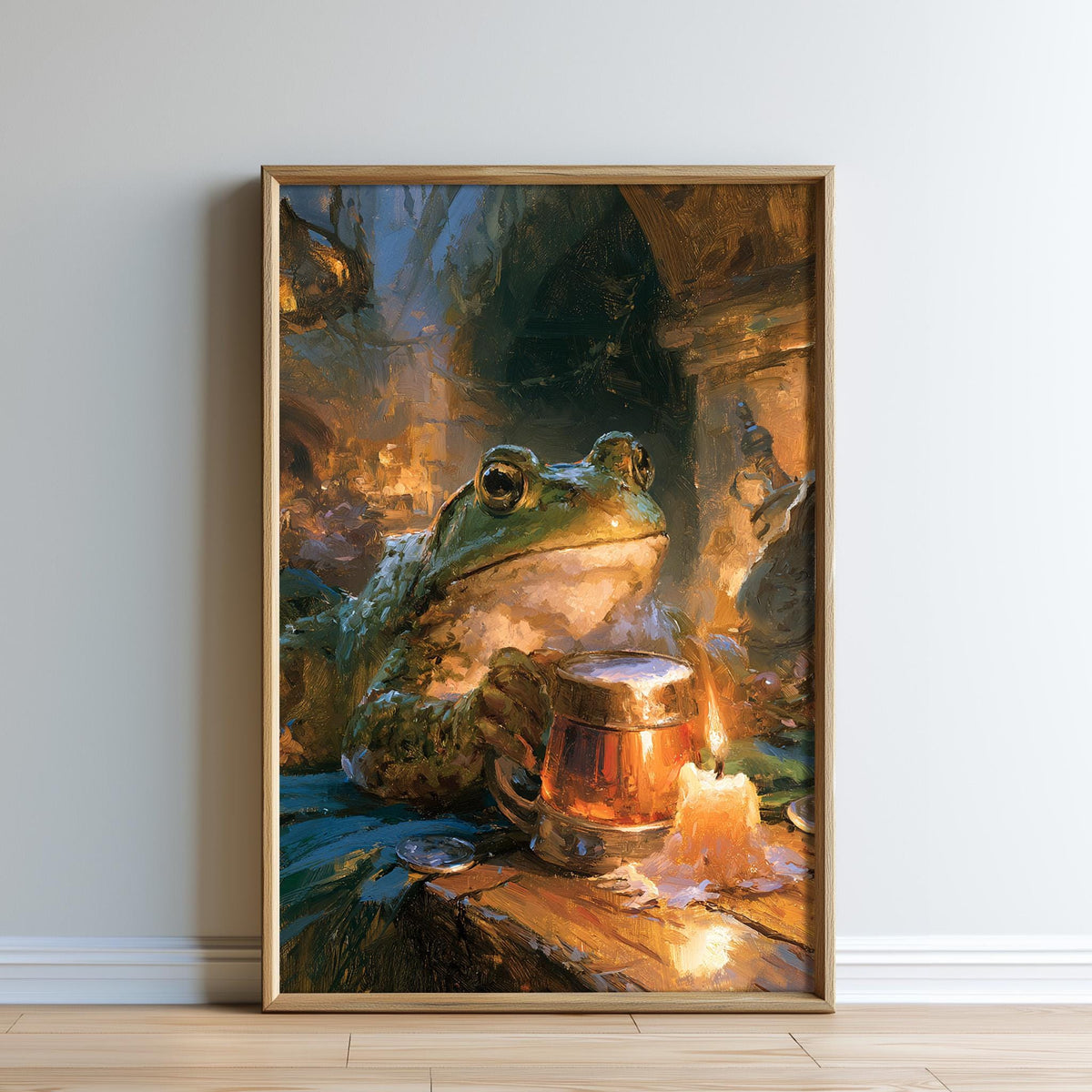 A framed painting depicting a green frog sitting at a table with a mug, surrounded by a warm, atmospheric background.