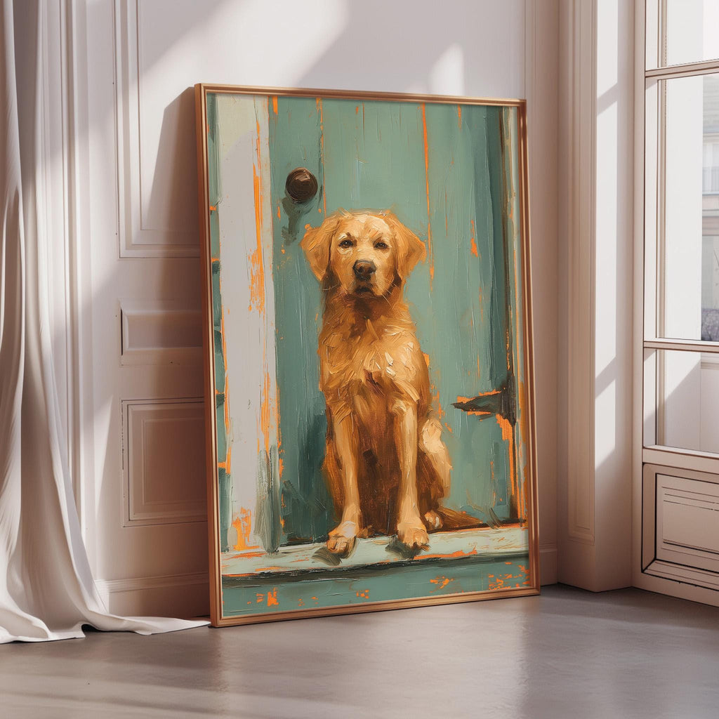 A framed painting of a golden retriever dog sitting on a green door in a room with white walls and a window.