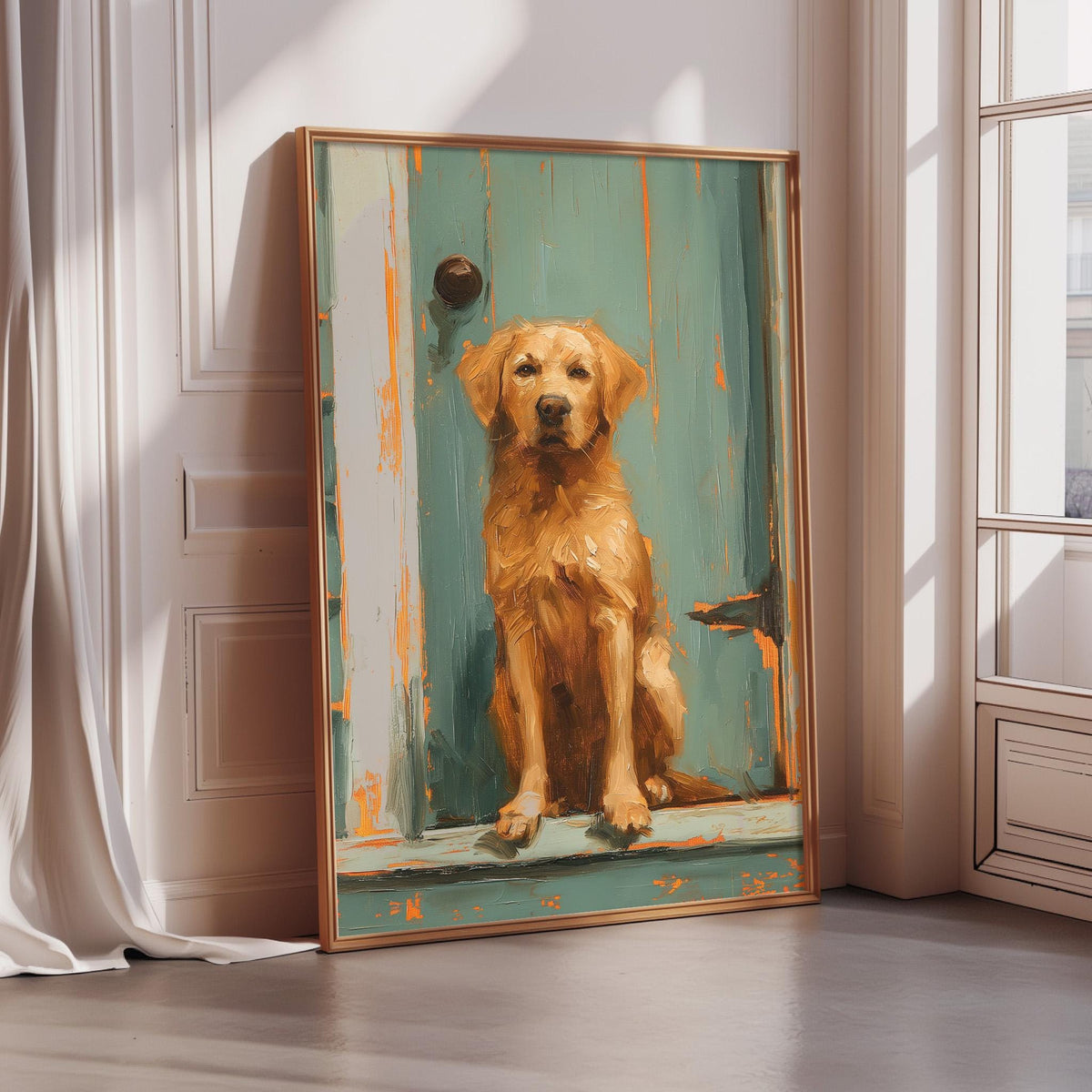A framed painting of a golden retriever dog sitting on a green door in a room with white walls and a window.