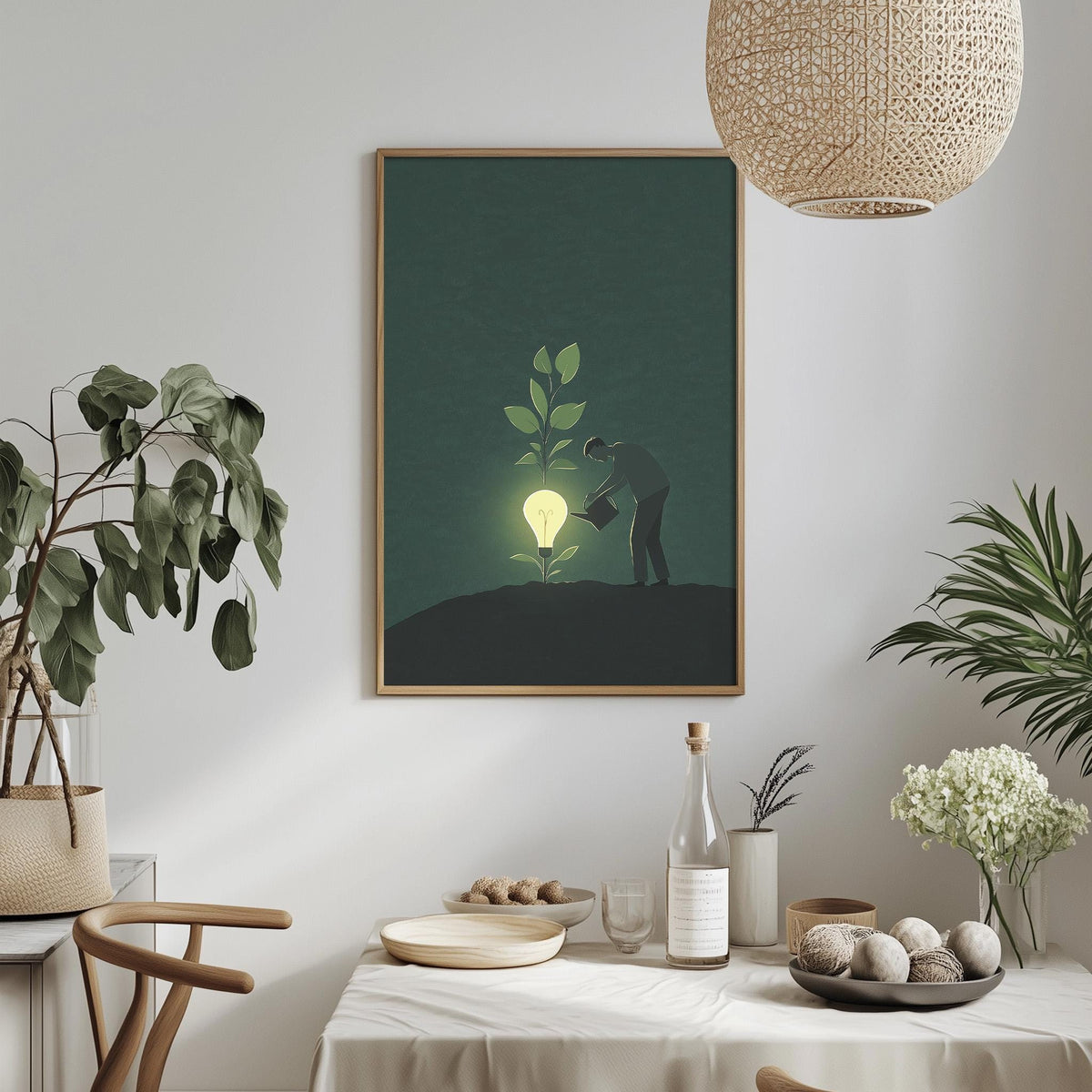 a serene indoor setting with a dining table, potted plants, and a framed artwork featuring a silhouetted figure watering a plant with a glowing light bulb.
