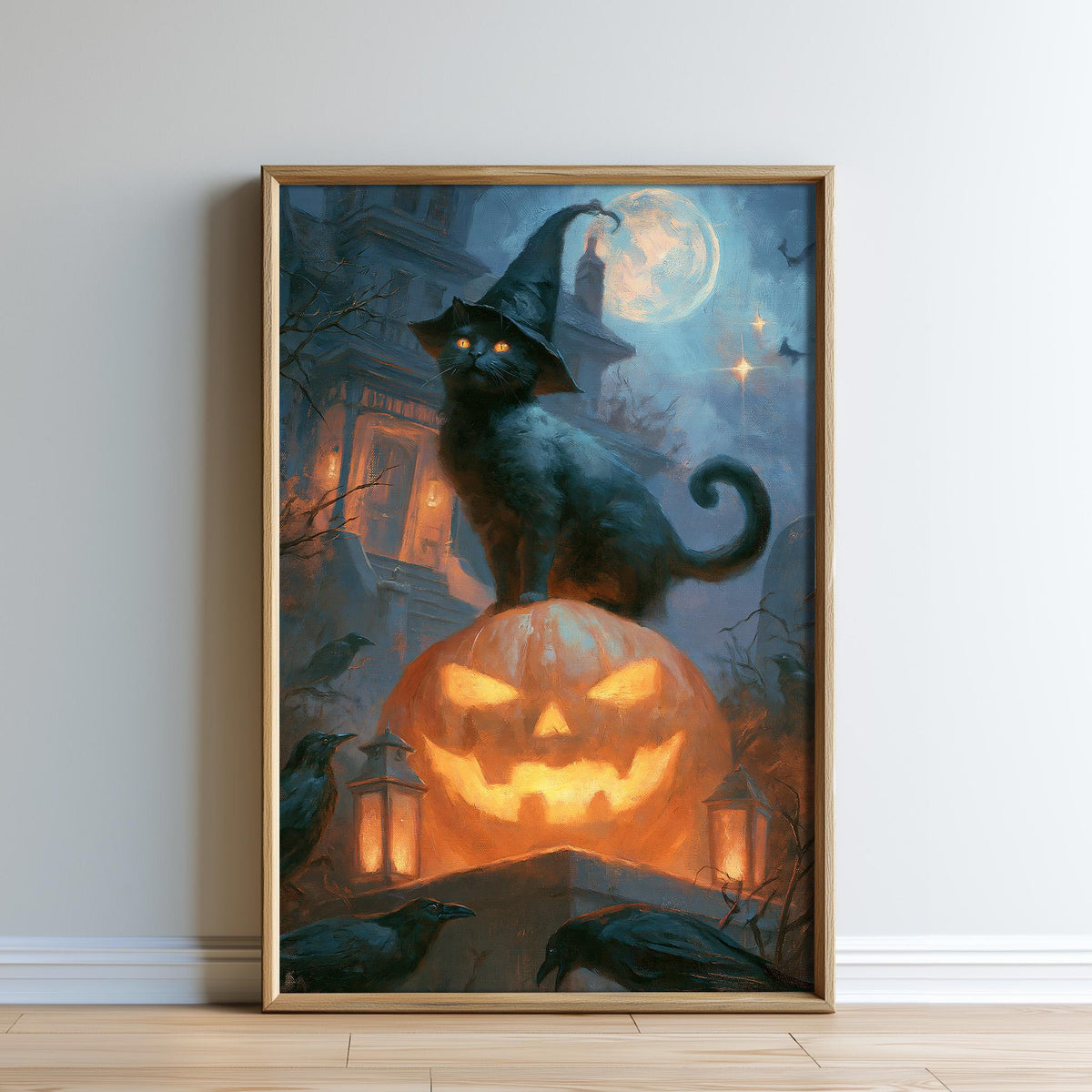 A framed painting depicting a black cat wearing a witch's hat, sitting atop a carved pumpkin with a jack-o-lantern face, surrounded by bats and a full moon.