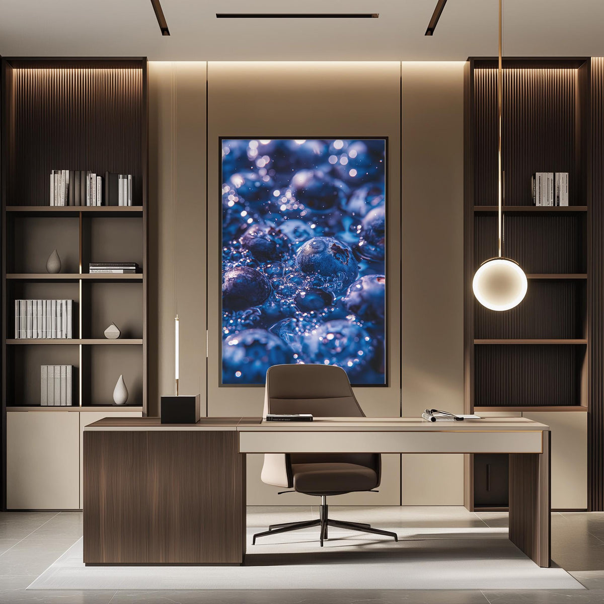 a modern and minimalist office space with a large framed artwork depicting blueberries on the wall. The office has a wooden desk, a comfortable-looking chair, and a pendant light above the desk. The overall design and decor create a clean and professional atmosphere.