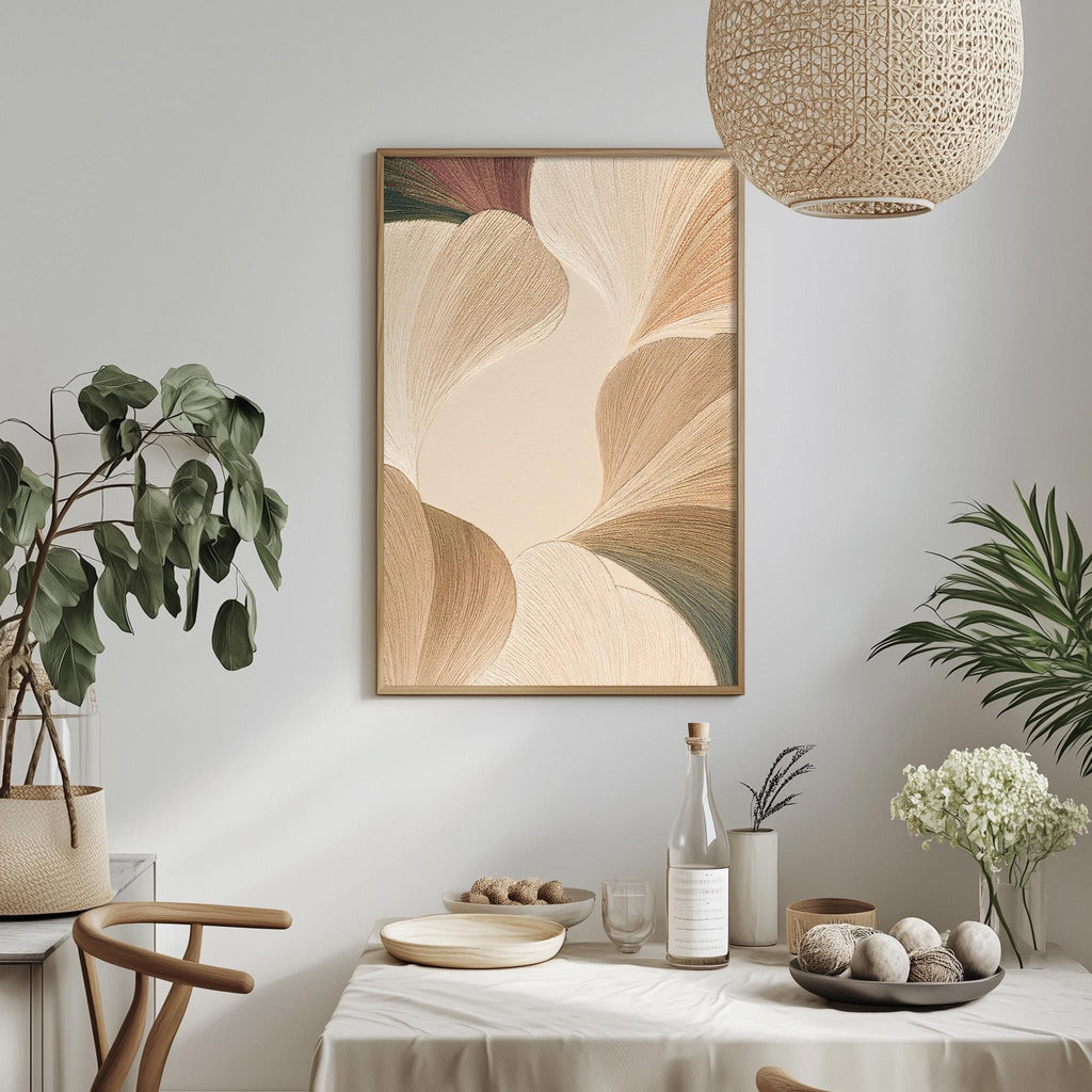 a dining room with a table set for a meal, a potted plant, a hanging light fixture, and a framed abstract painting on the wall.