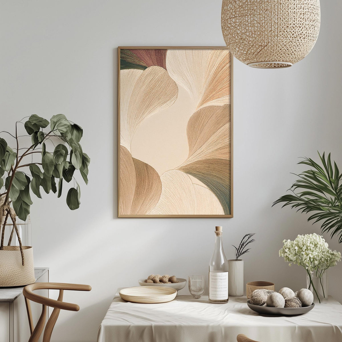 a dining room with a table set for a meal, a potted plant, a hanging light fixture, and a framed abstract painting on the wall.