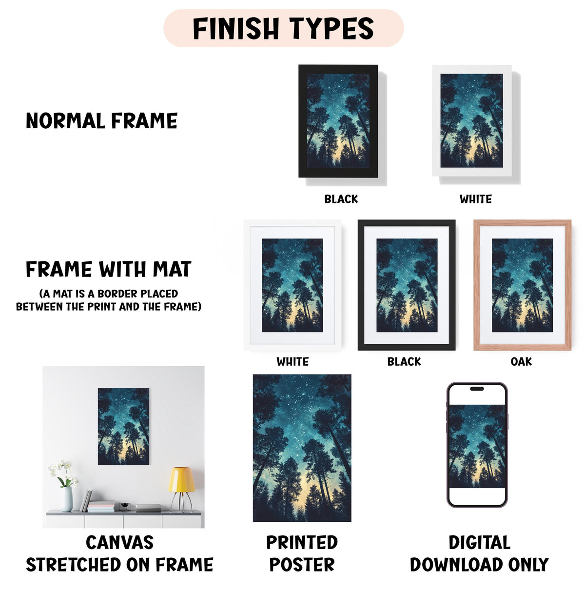 various types of artwork, including a canvas stretched on a frame, a framed poster, and a digital poster. The artwork features different frame styles and finishes, such as a normal frame, a black frame, a white frame, and an oak frame. The artwork is presented in a collage format, with each piece described in a concise manner to avoid redundancy and to focus on the visual content.