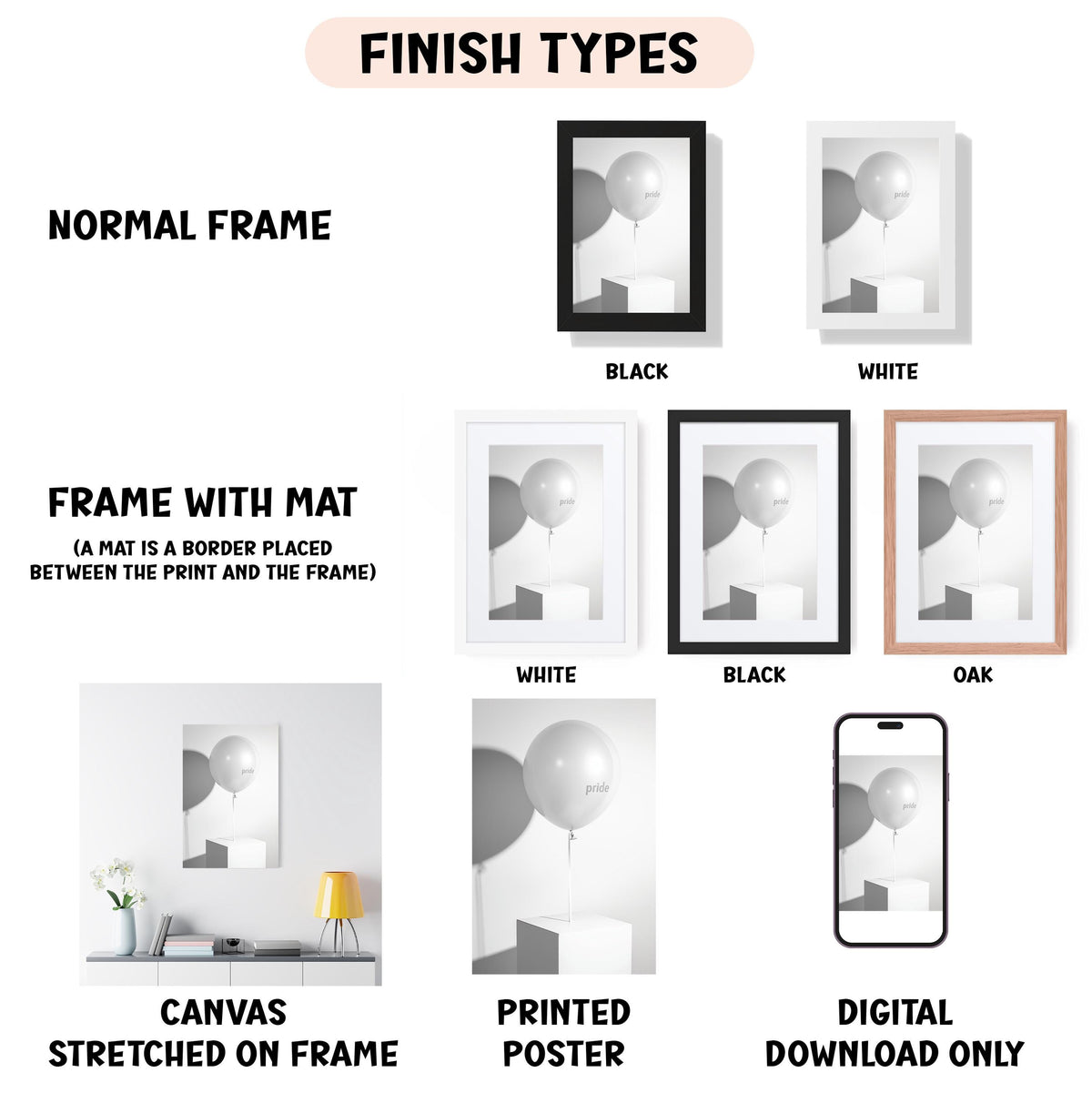 a white poster with black and white images