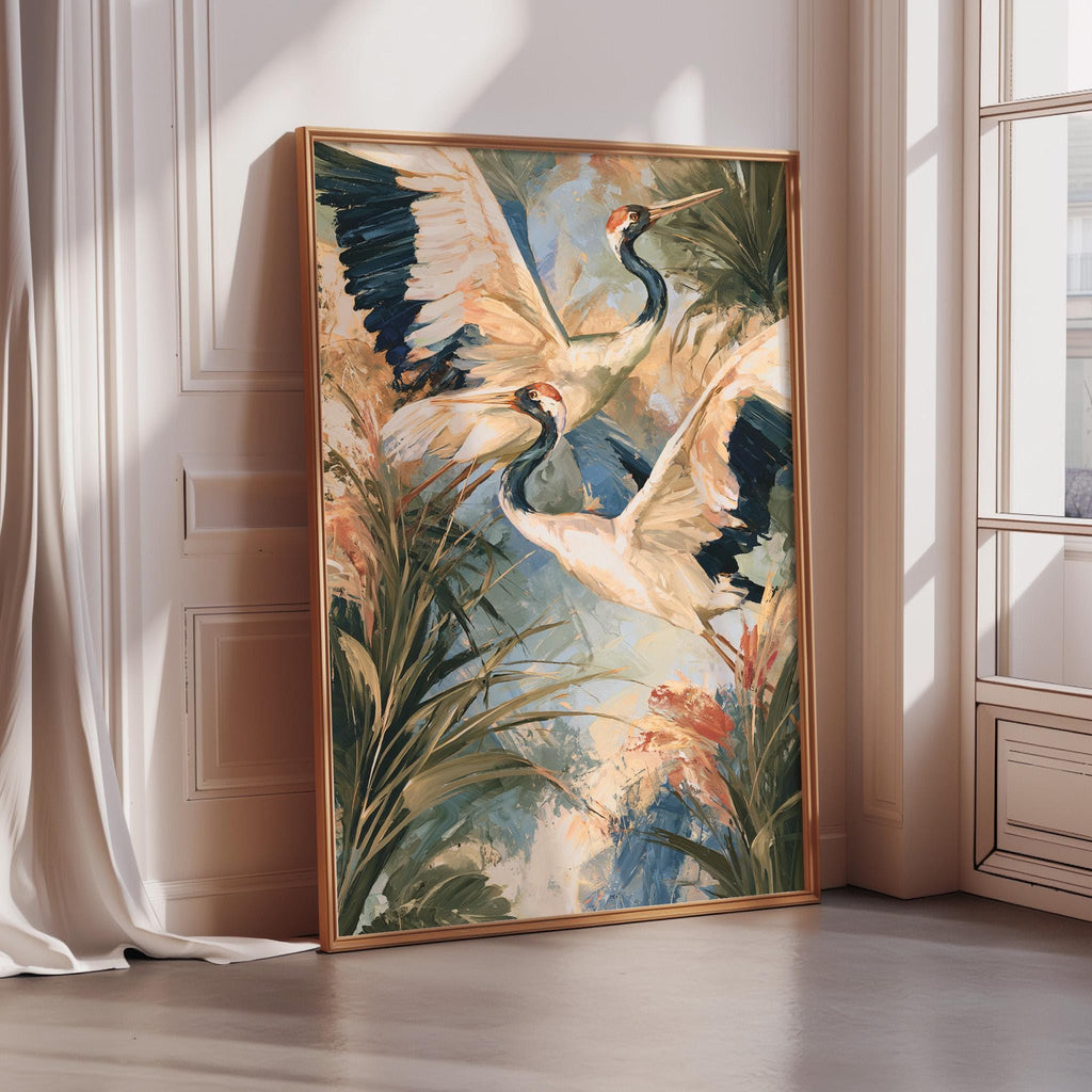 a large, framed painting of two birds in flight, surrounded by lush foliage and flowers, placed on a white wall in a room with a window.