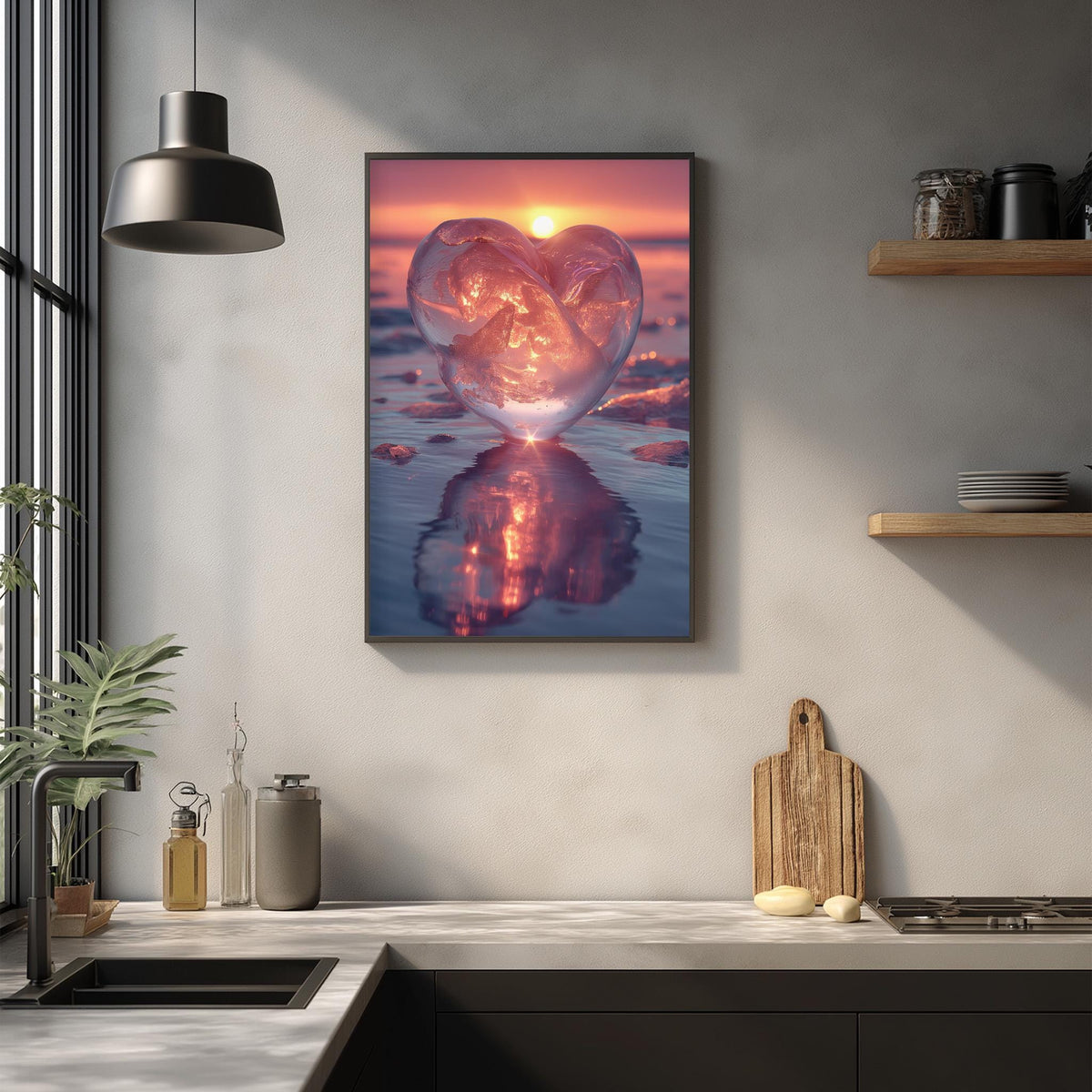 a heart-shaped object, possibly a glass sculpture or a painting, displayed on a wall in a kitchen setting.