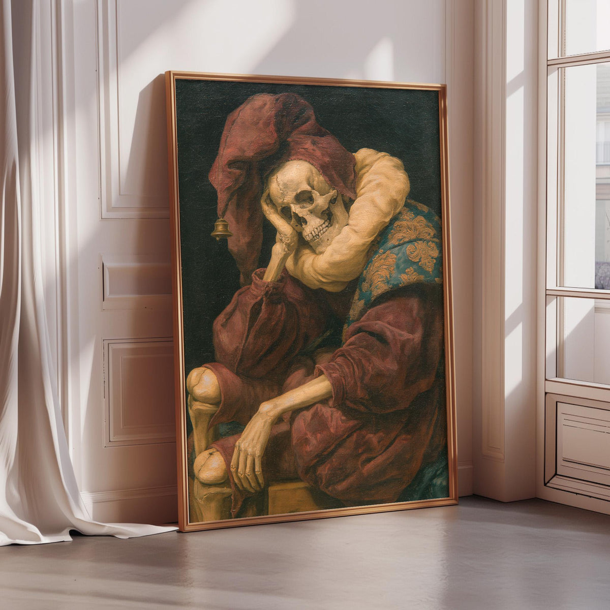 The image is a framed painting depicting a man with a skull on his lap, wearing a red hat and robe.