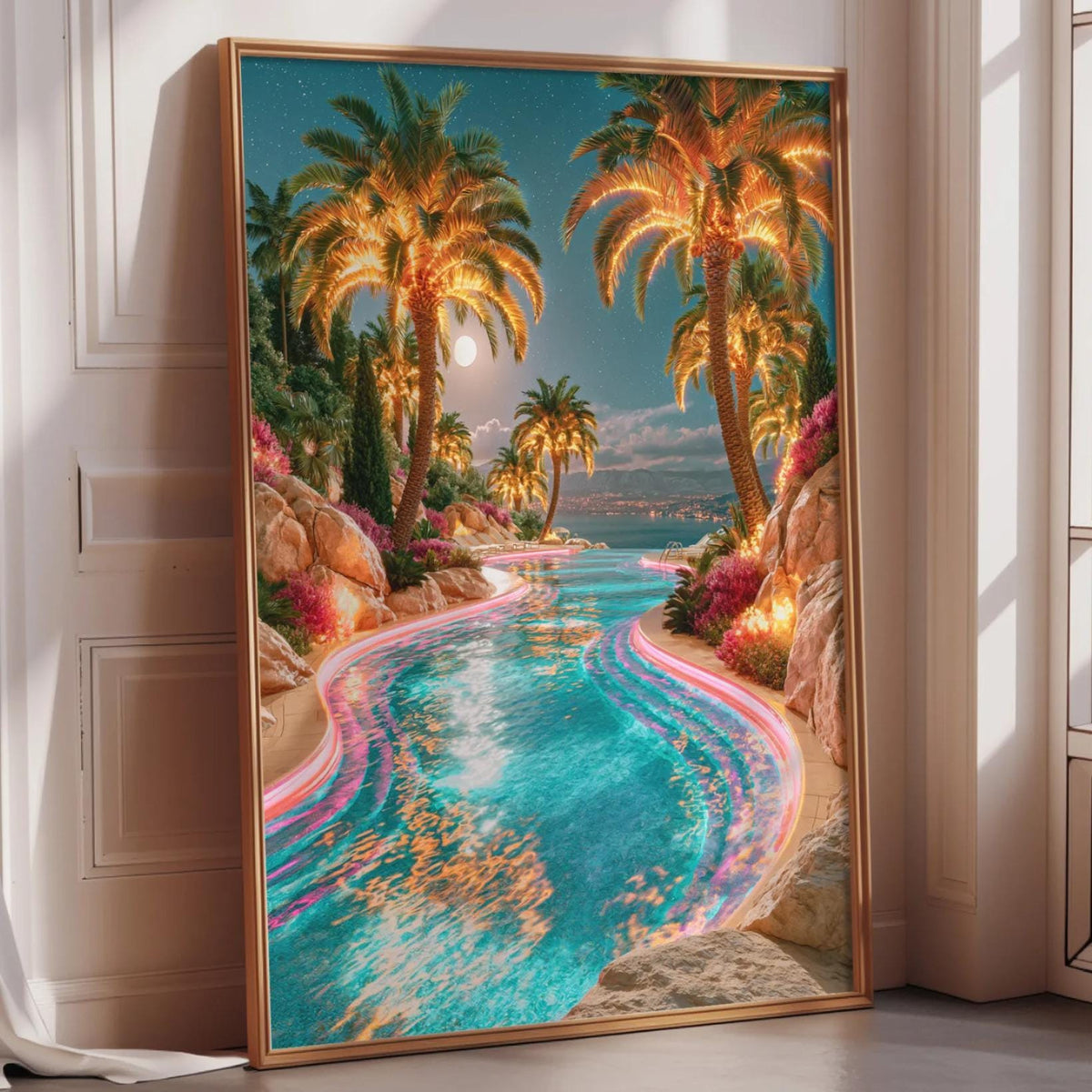 A large framed painting depicting a tropical beach scene with palm trees, a winding river, and a full moon in the sky.
