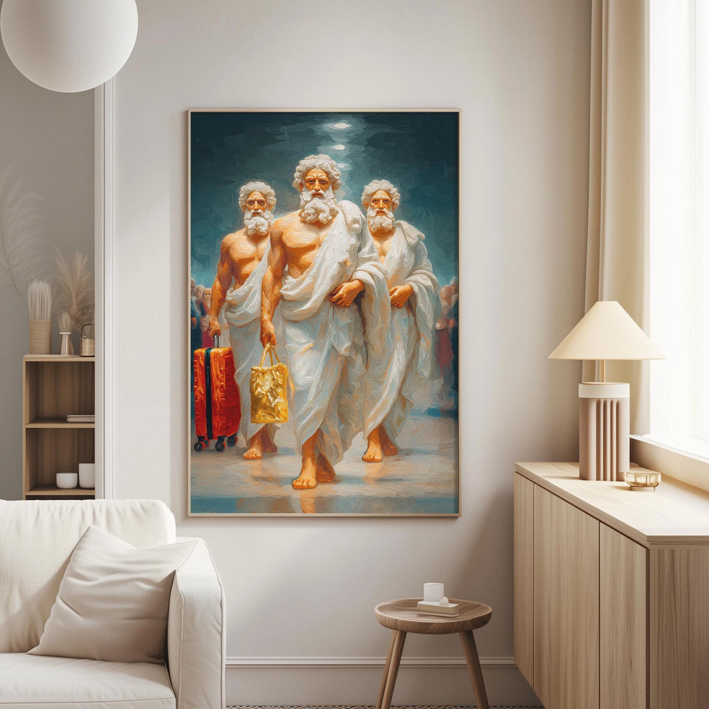 a large painting of three bearded men in white robes, each carrying a golden bag, walking together in a room with a white sofa and a wooden side table.