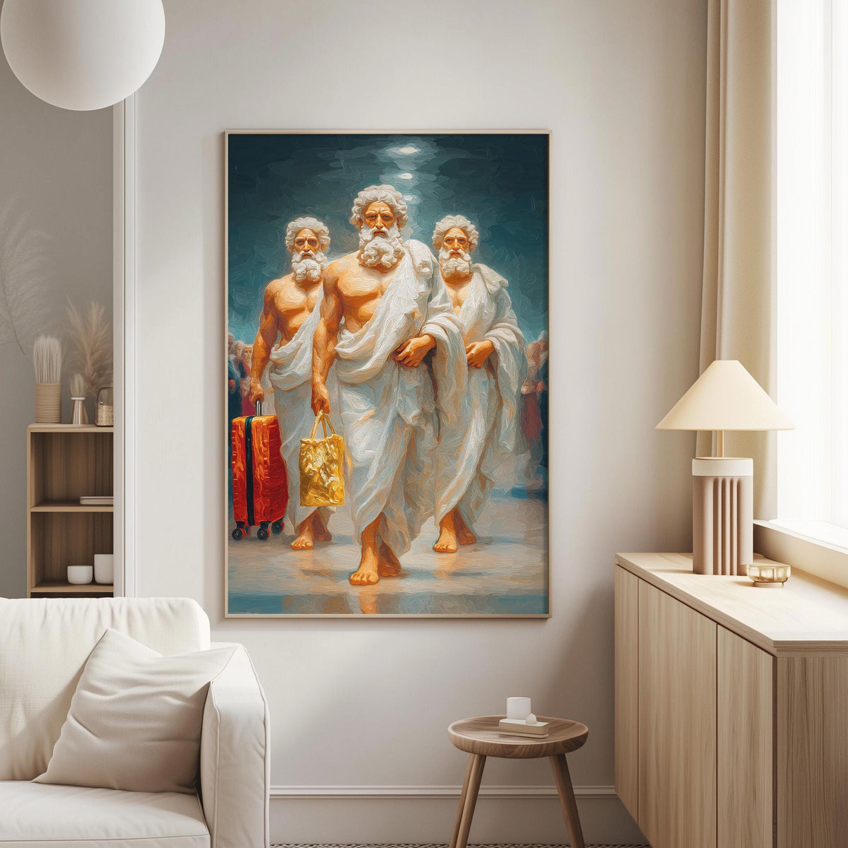 a large painting of three bearded men in white robes, each carrying a golden bag, walking together in a room with a white sofa and a wooden side table.