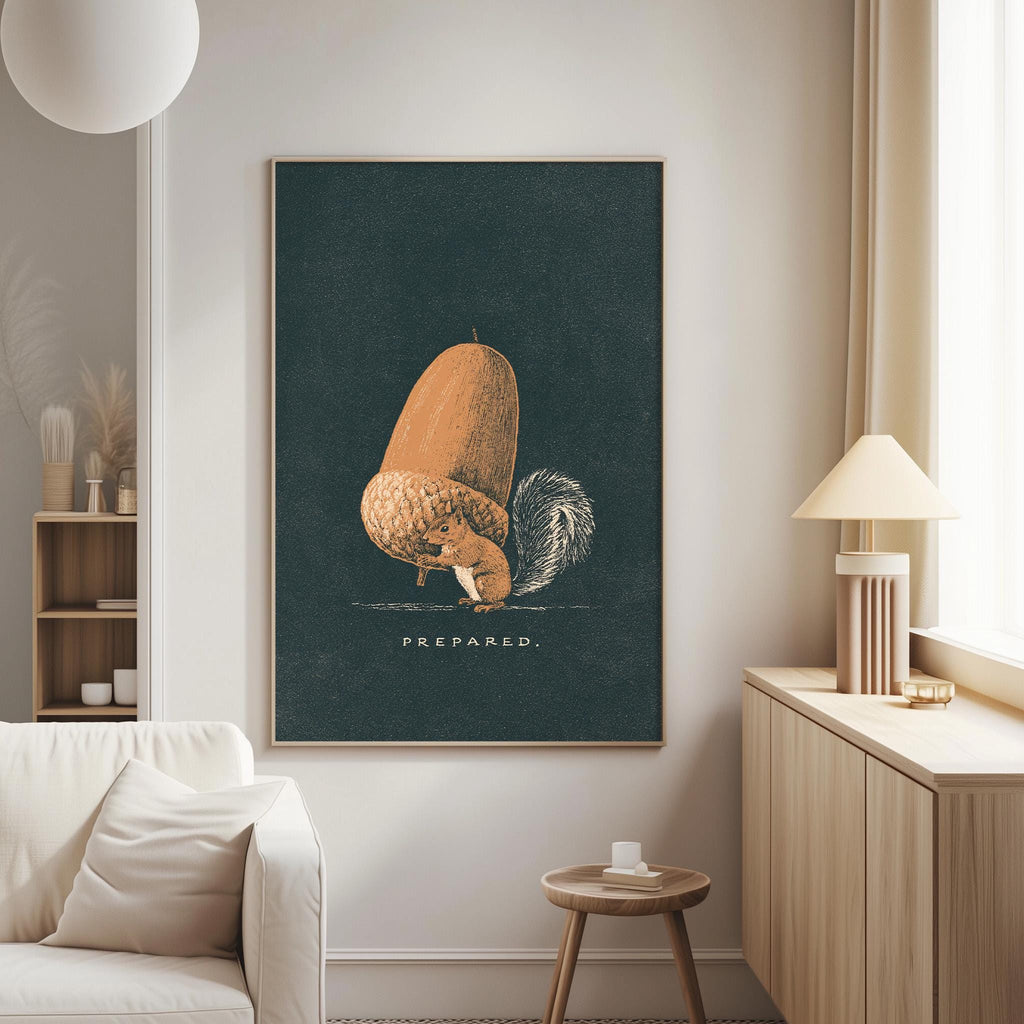 a living room with a large framed print of an acorn on the wall, which says "PREPARED."