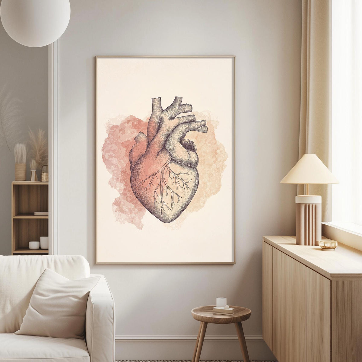 a large, framed illustration of a human heart hanging on a wall in a living room.