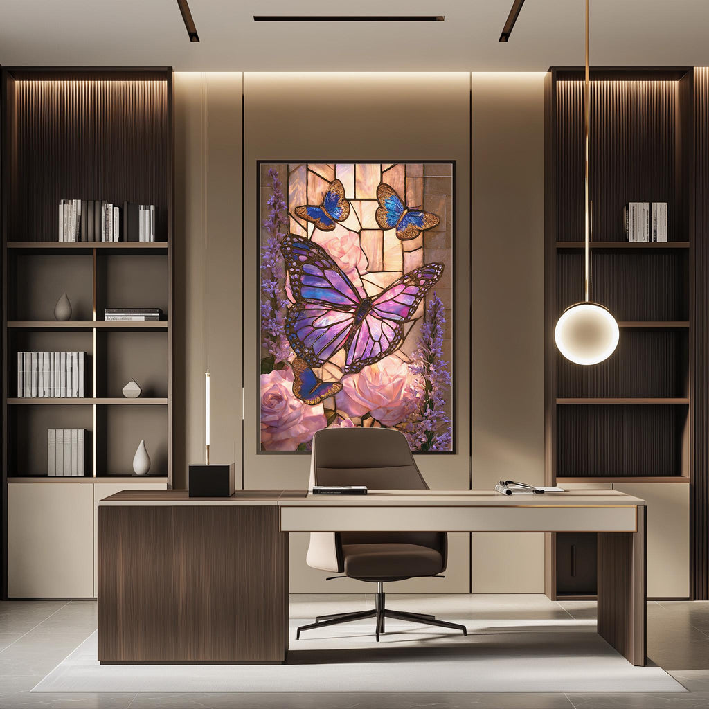 a modern and stylish office space with a large, colorful butterfly painting on the wall. The office features a wooden desk, a comfortable chair, and a bookshelf filled with books. The overall design and decor create a visually appealing and functional workspace.