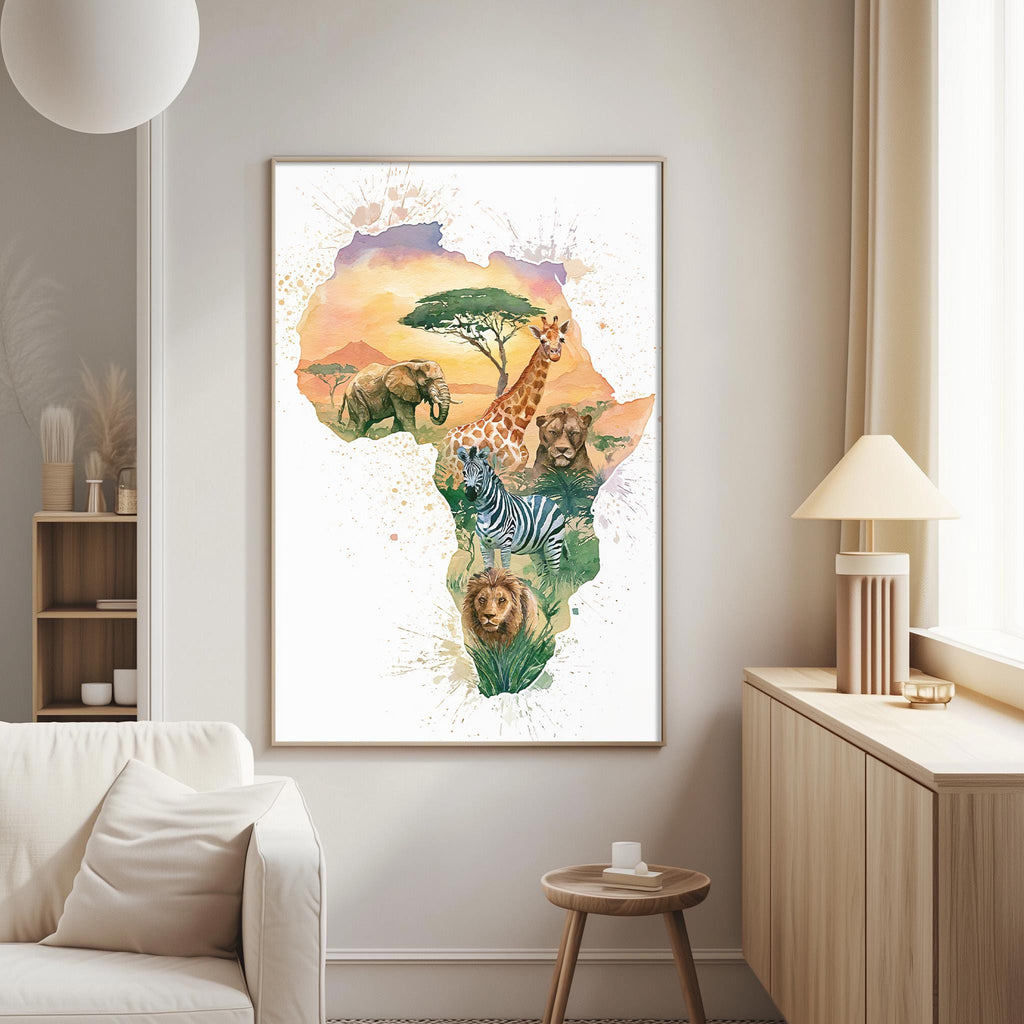 a large, colorful painting of Africa with various animals, including elephants, giraffes, zebras, and lions, depicted on the African continent.