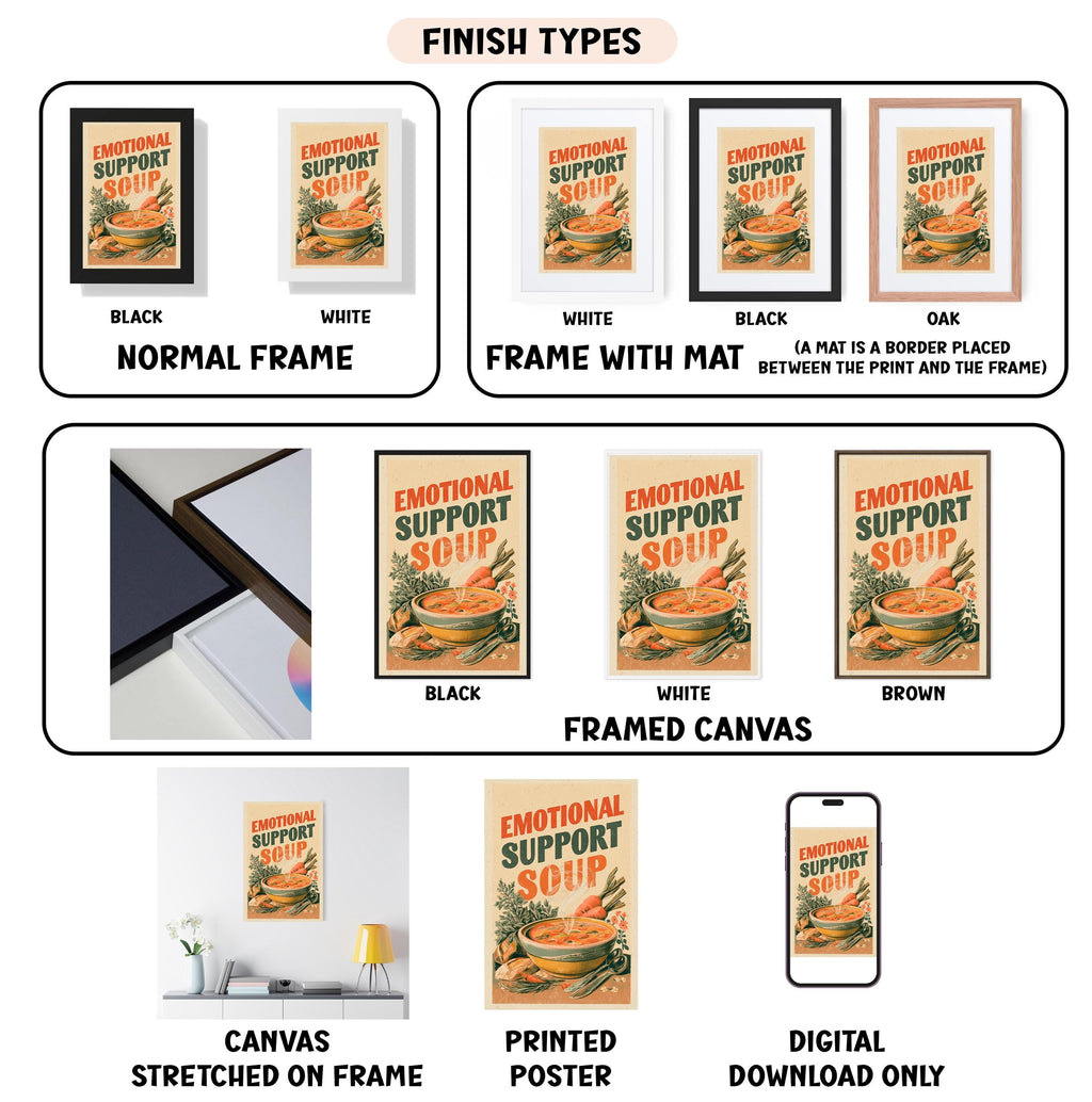 various images of a framed print of the same design, labeled with different finish types and descriptions.