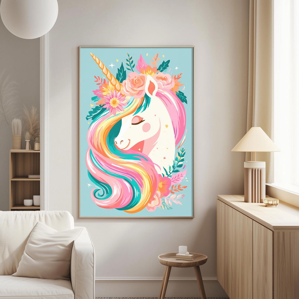 a large, colorful painting of a unicorn with a flower crown on its head, hanging on a wall in a living room.