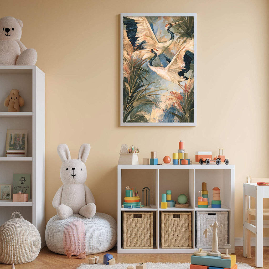 A cozy children's room with a large stuffed rabbit, a bookshelf, and a colorful painting of birds on the wall.