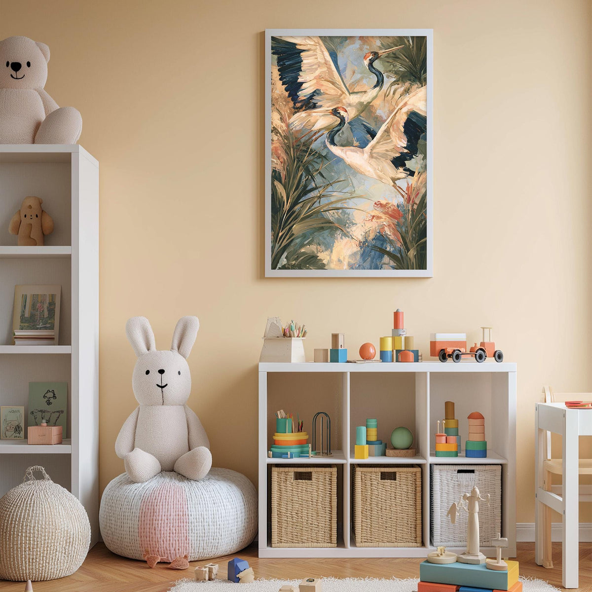 A cozy children's room with a large stuffed rabbit, a bookshelf, and a colorful painting of birds on the wall.