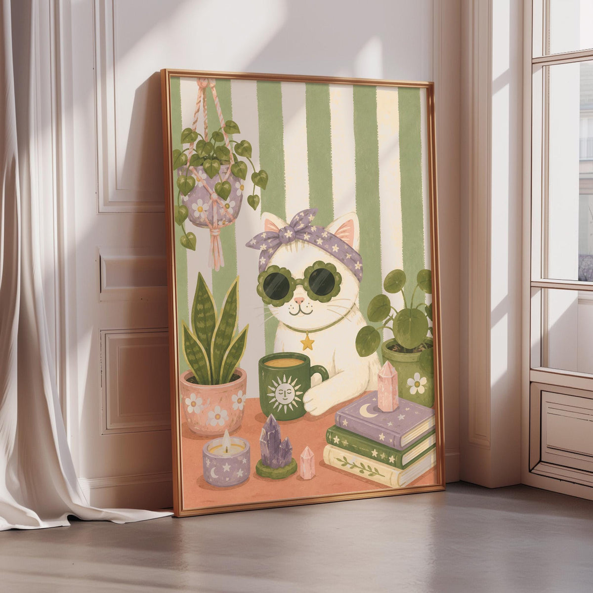A framed illustration of a cat wearing sunglasses and a headband, surrounded by potted plants, books, and crystals, with a window in the background.