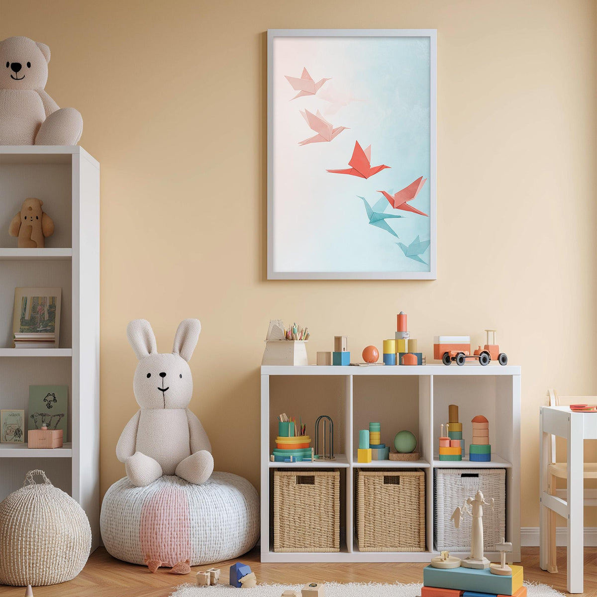 A cozy children's room with a white bookshelf, a plush rabbit, and a colorful toy box filled with toys. A framed artwork of birds is hanging on the wall above the bookshelf.