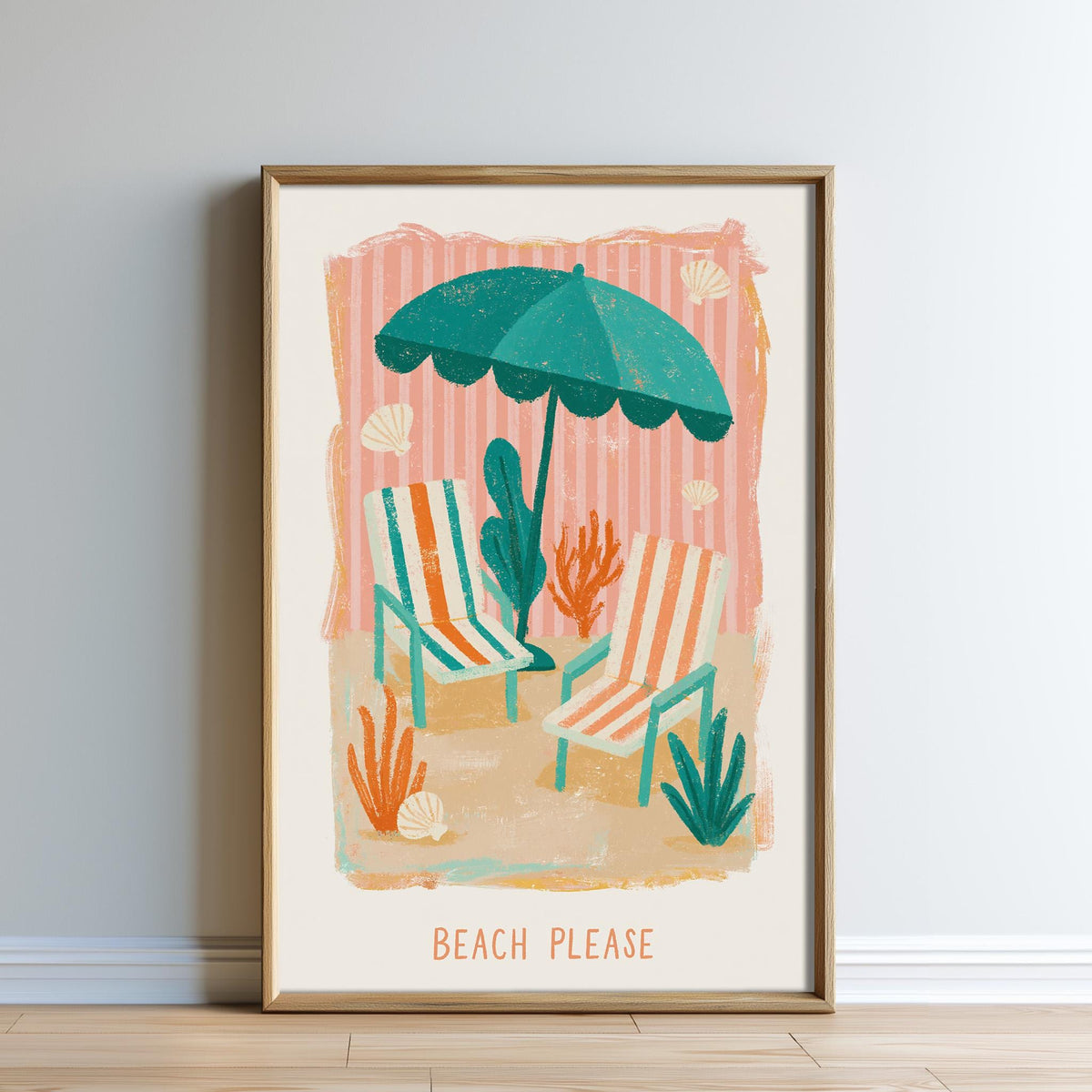 The image is a framed illustration depicting a beach scene with two striped beach chairs, a green umbrella, and various plants and shells.