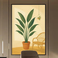 a modern and well-lit office space with a large potted plant, a wooden desk, and a comfortable chair. The room has a minimalist and sophisticated design, with a large window providing natural light and a bookshelf filled with books.