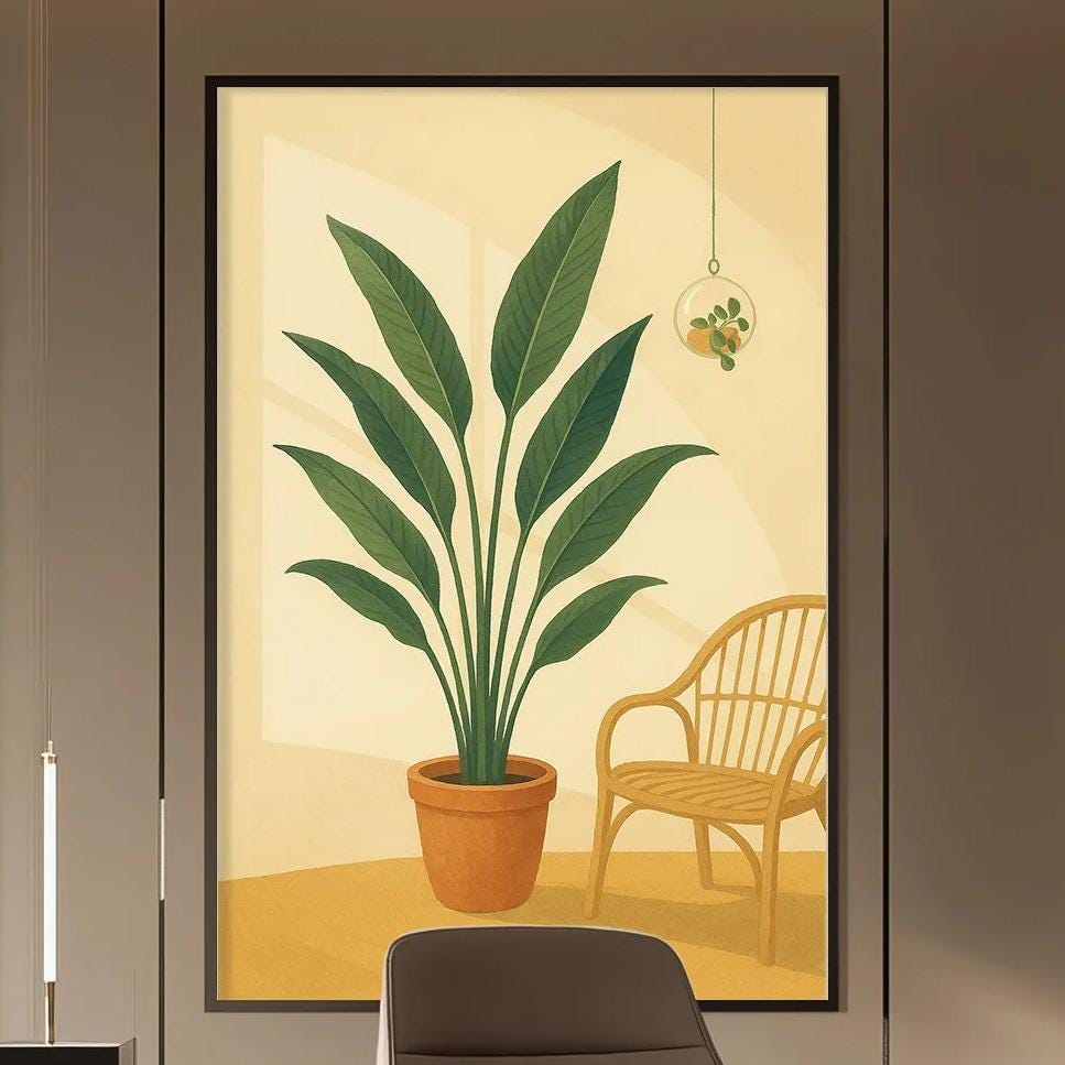 a modern and well-lit office space with a large potted plant, a wooden desk, and a comfortable chair. The room has a minimalist and sophisticated design, with a large window providing natural light and a bookshelf filled with books.