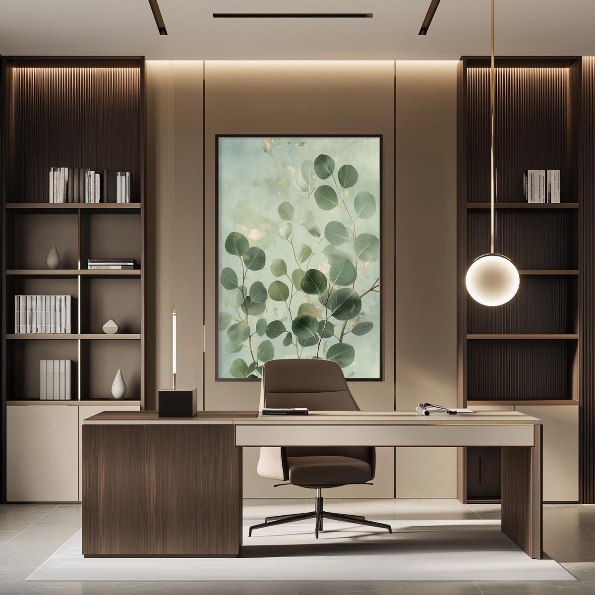 a modern and minimalist office space with a large framed artwork of green leaves on the wall, a wooden desk with a chair, and built-in bookshelves.