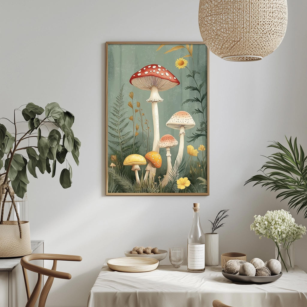 a dining table with a white tablecloth, a bowl of fruit, a bottle, and a vase with flowers. Above the table, there is a framed painting of mushrooms and plants hanging on the wall.