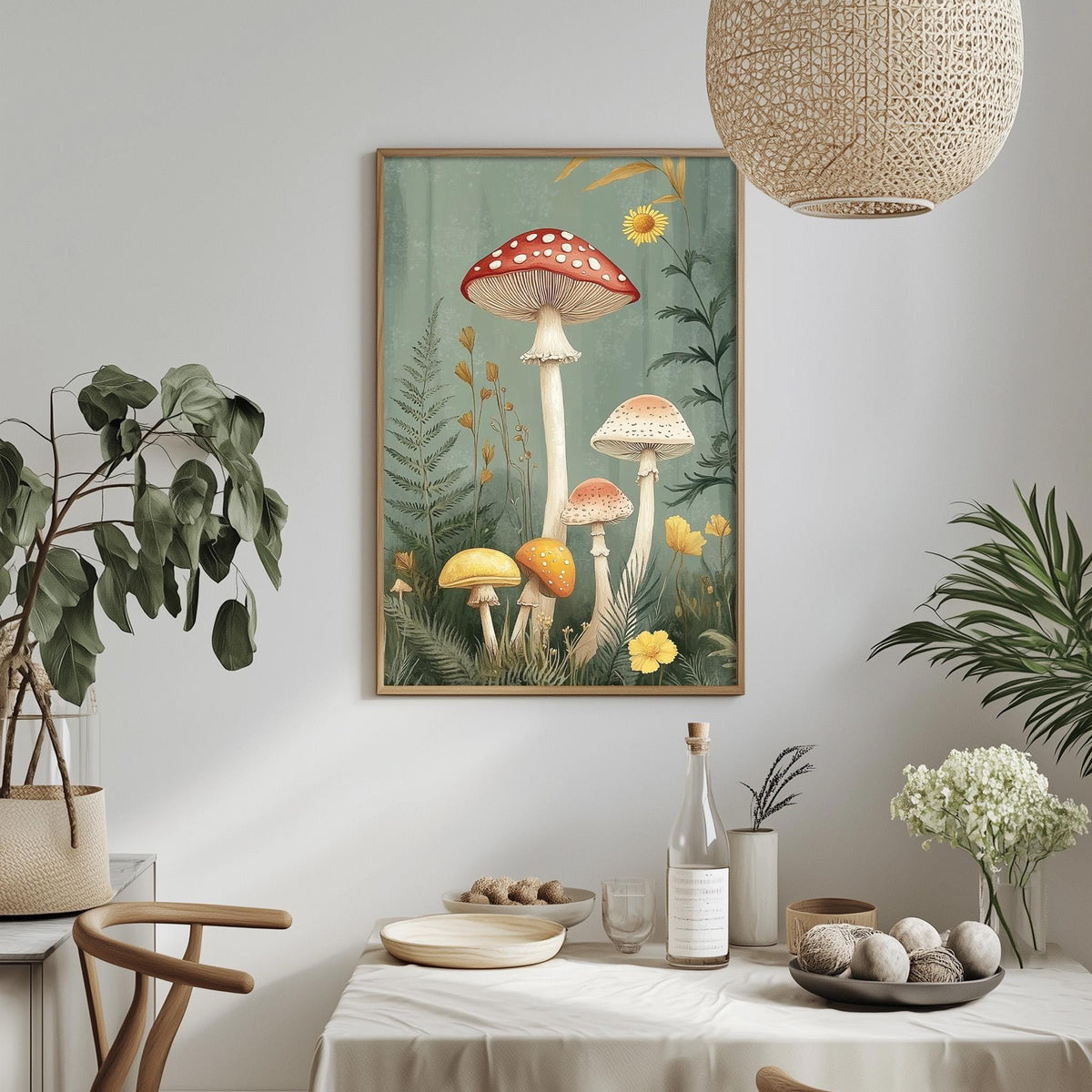 a dining table with a white tablecloth, a bowl of fruit, a bottle, and a vase with flowers. Above the table, there is a framed painting of mushrooms and plants hanging on the wall.