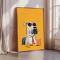 A framed illustration of a dog wearing a red tie and sunglasses, sitting at a desk with a cup of coffee and a cigarette.