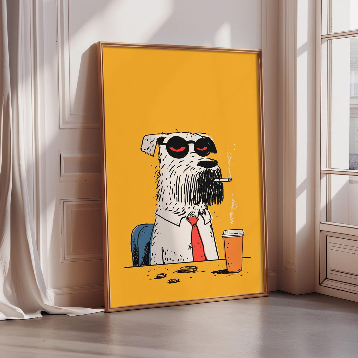 A framed illustration of a dog wearing a red tie and sunglasses, sitting at a desk with a cup of coffee and a cigarette.
