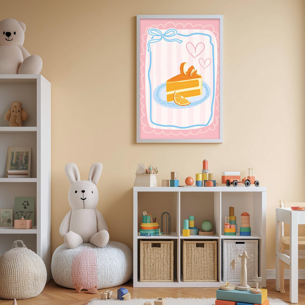 A cozy children's room with a white bookshelf, a plush rabbit, and a colorful toy box filled with toys. A framed illustration of a slice of cake with orange slices and a heart is displayed on the wall above the toy box.