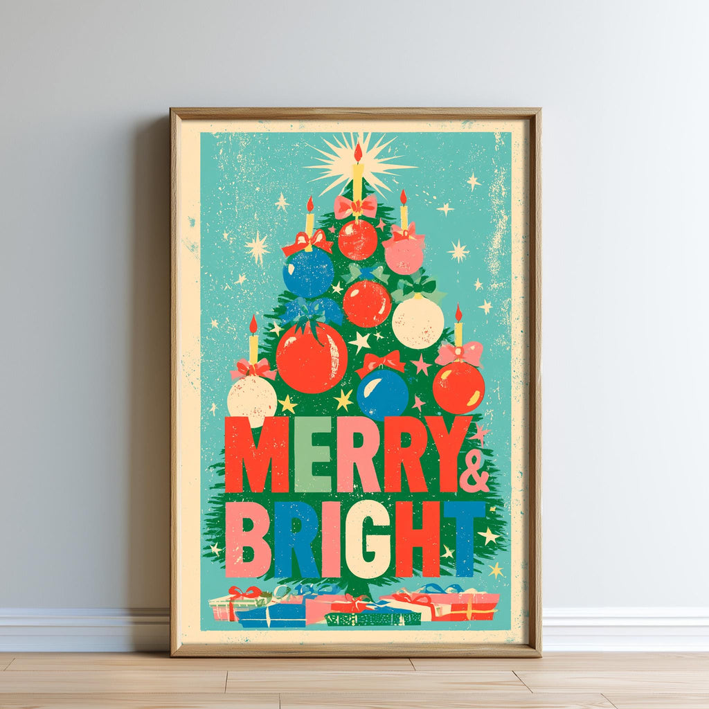 A framed poster with a Christmas tree and various ornaments, along with the text "MERRY & BRIGHT" prominently displayed.