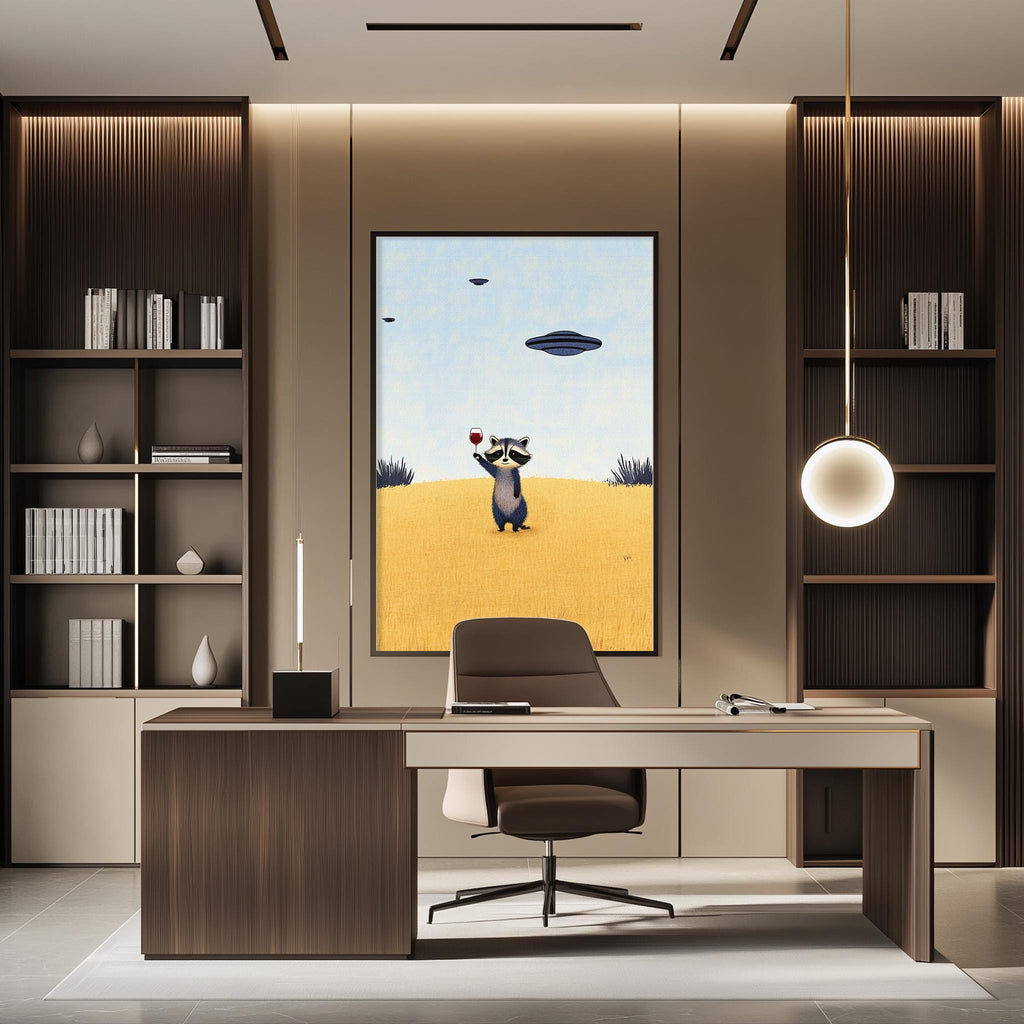 a modern office space with a large framed artwork of a raccoon standing on a yellow field, with a blue spaceship flying above it. The office features a desk, chair, and bookshelves, creating a professional and creative atmosphere.