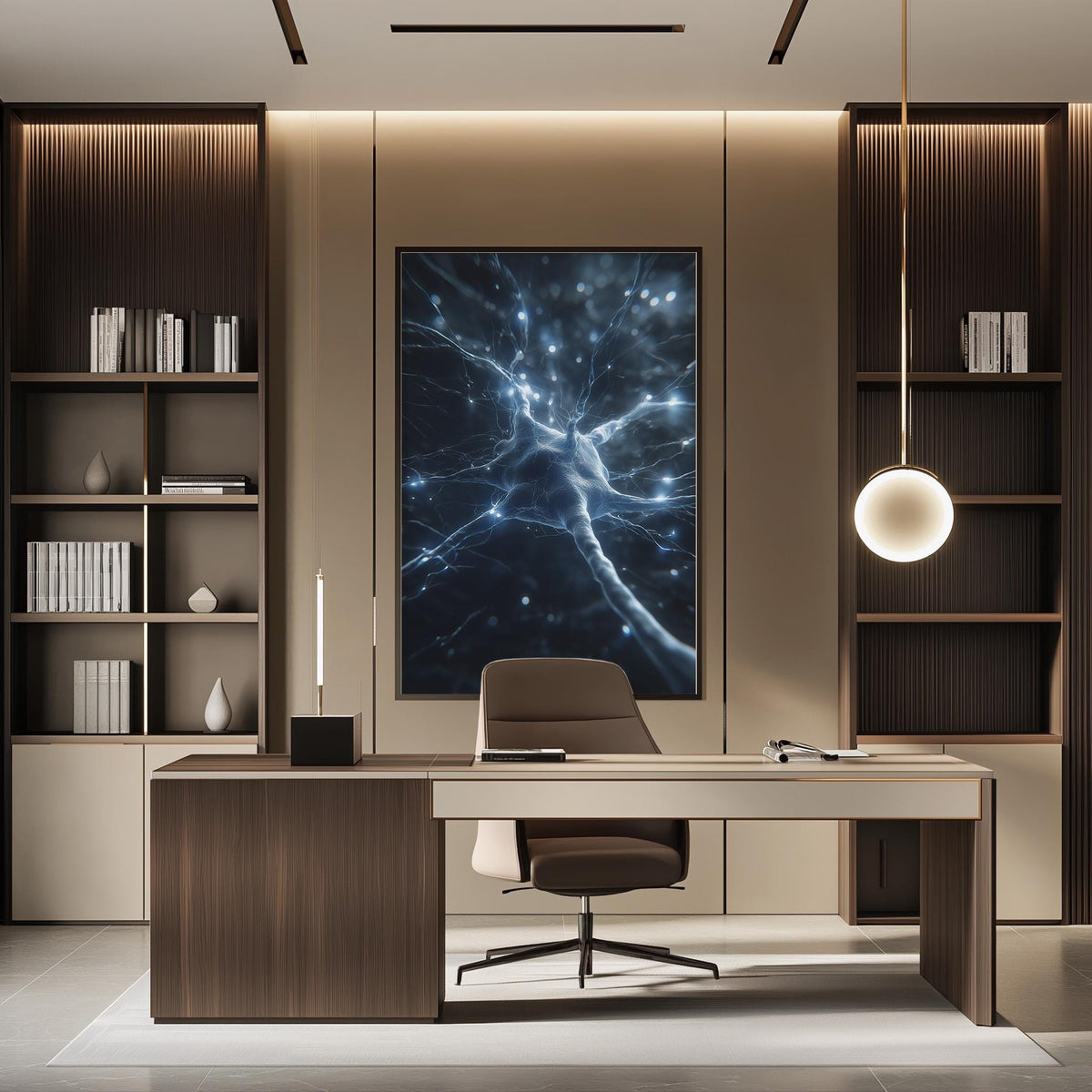 a modern and minimalist office space with a large abstract painting on the wall, a wooden desk with a chair, and built-in bookshelves.