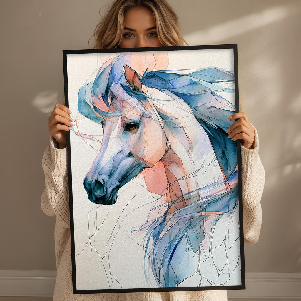 A woman holds up a framed painting of a stylized horse, showcasing its flowing mane and head.