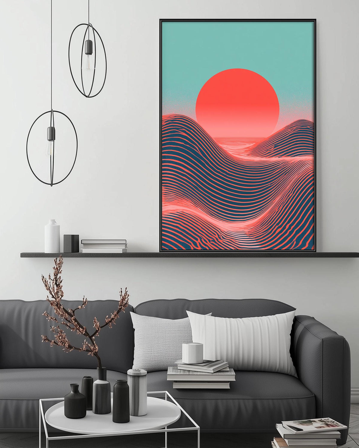 a modern living room with a gray sofa, a coffee table, and a large abstract painting of a sunset over a mountain landscape.