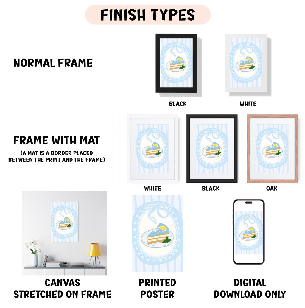 various finish types for artwork, including a normal frame, a frame with a mat, a white frame, a black frame, an oak frame, a white canvas stretched on a frame, a printed poster, and a digital download only.