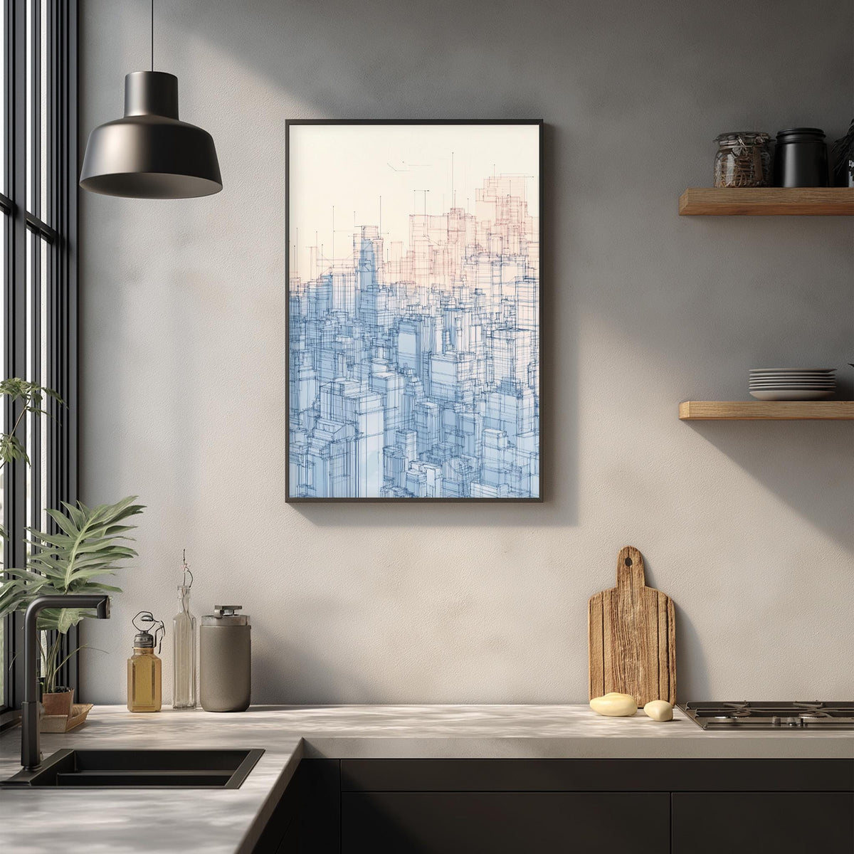 a modern kitchen with a large framed cityscape artwork hanging on the wall above a wooden cutting board and other kitchen items.