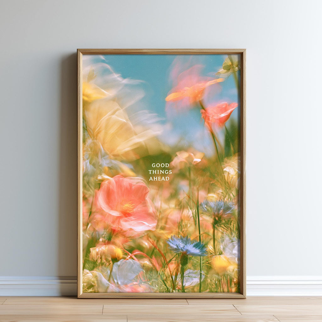 The image is a framed poster with a vibrant, colorful floral scene.