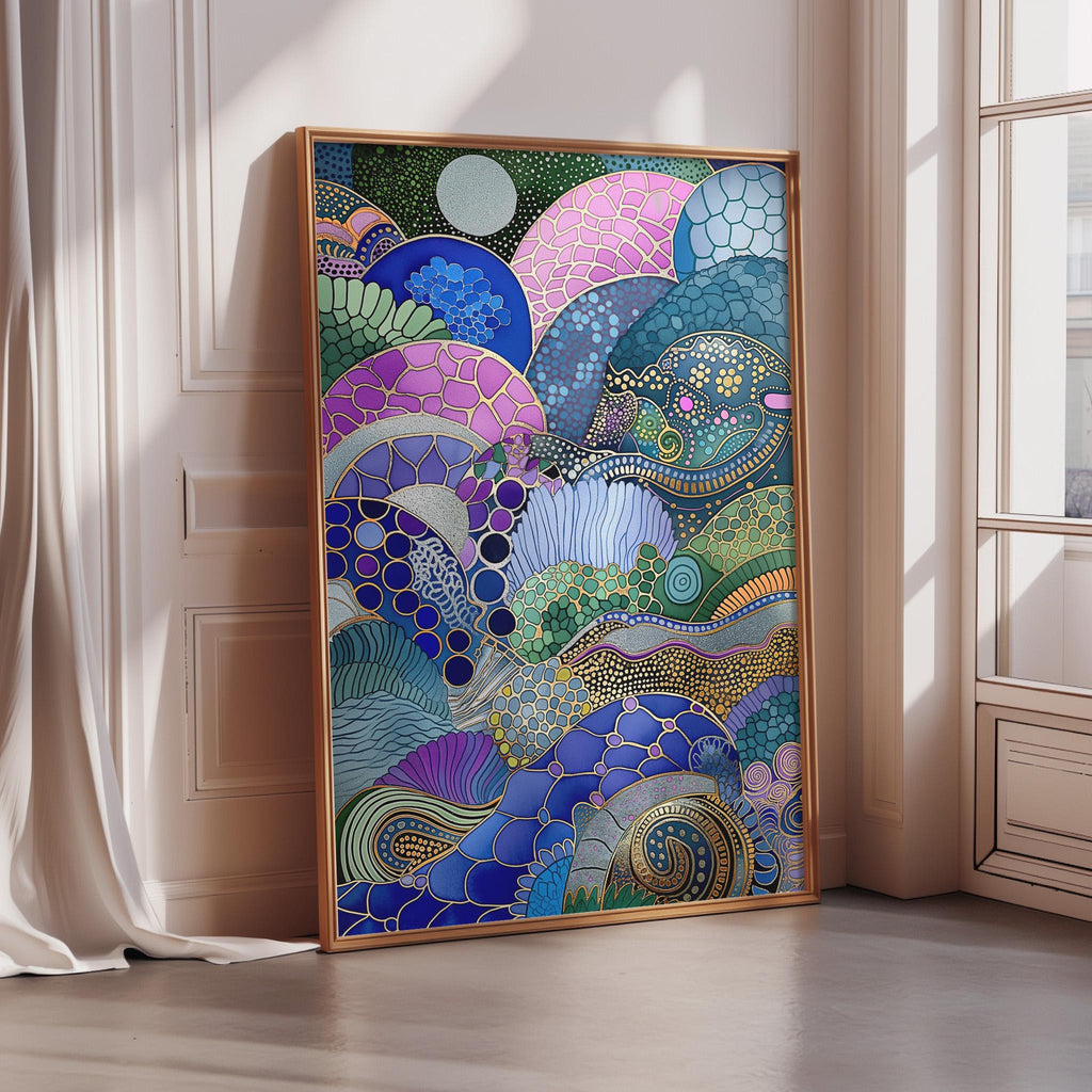 a large, colorful abstract painting displayed on a wall in a room with a window.