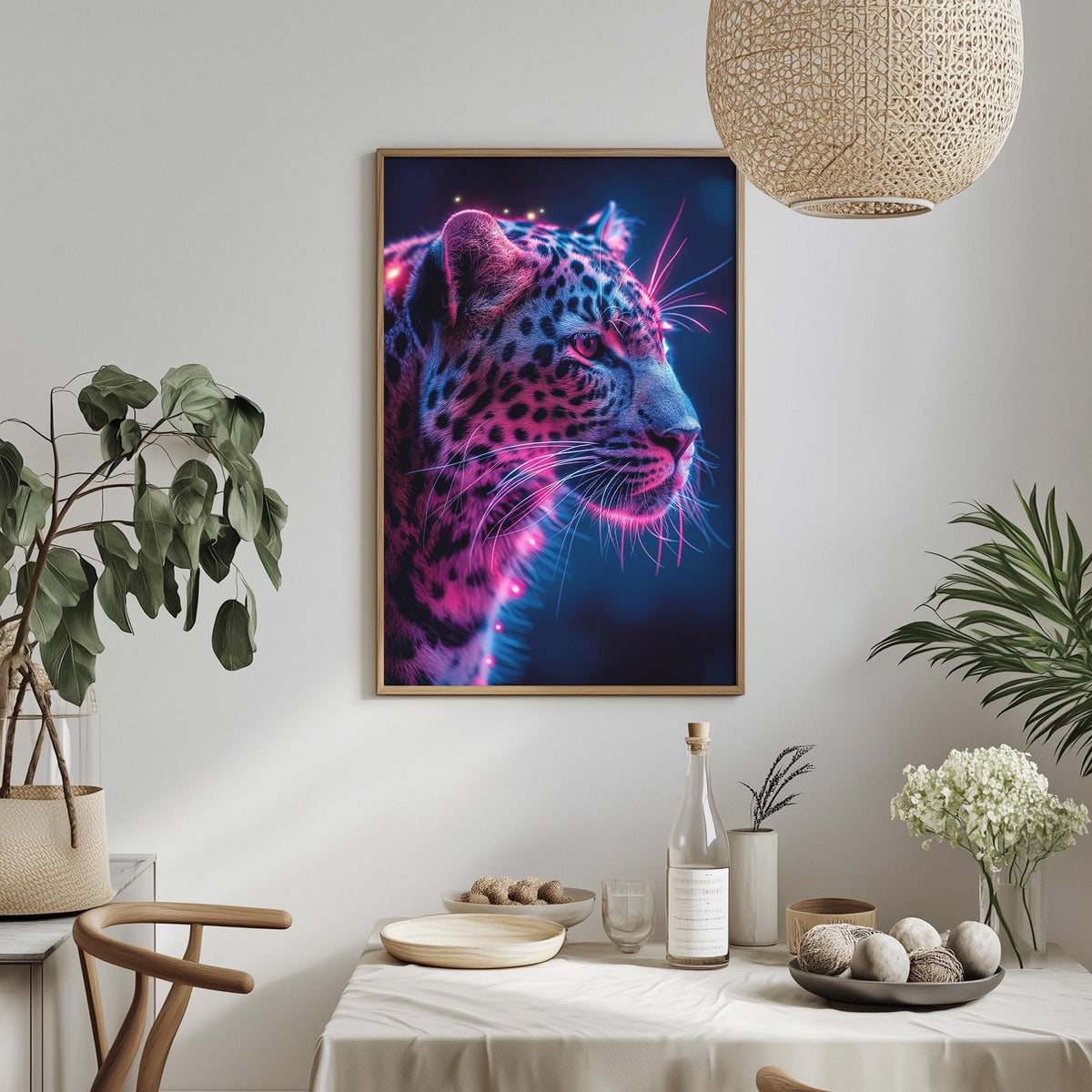 a vibrant and colorful painting of a leopard, with its distinctive spotted pattern and glowing pink and purple hues, hanging on a wall above a dining table. The table is set with various items, including a bottle, a bowl, and a vase, creating a cozy and inviting atmosphere.